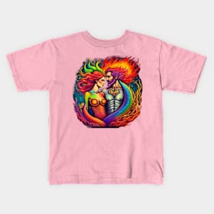 Sea Sirens' Shine - Elder Mermaid Couple in Flaming Rainbow Kids T-Shirt